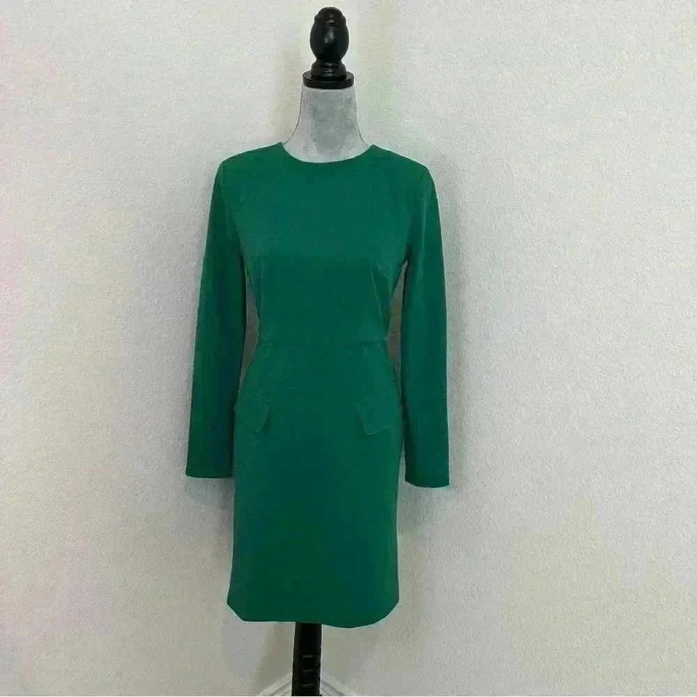 Donna Morgan Women’s Long Sleeve Sheath Dress with Flap Pockets at Side Hips - Picture 2 of 15
